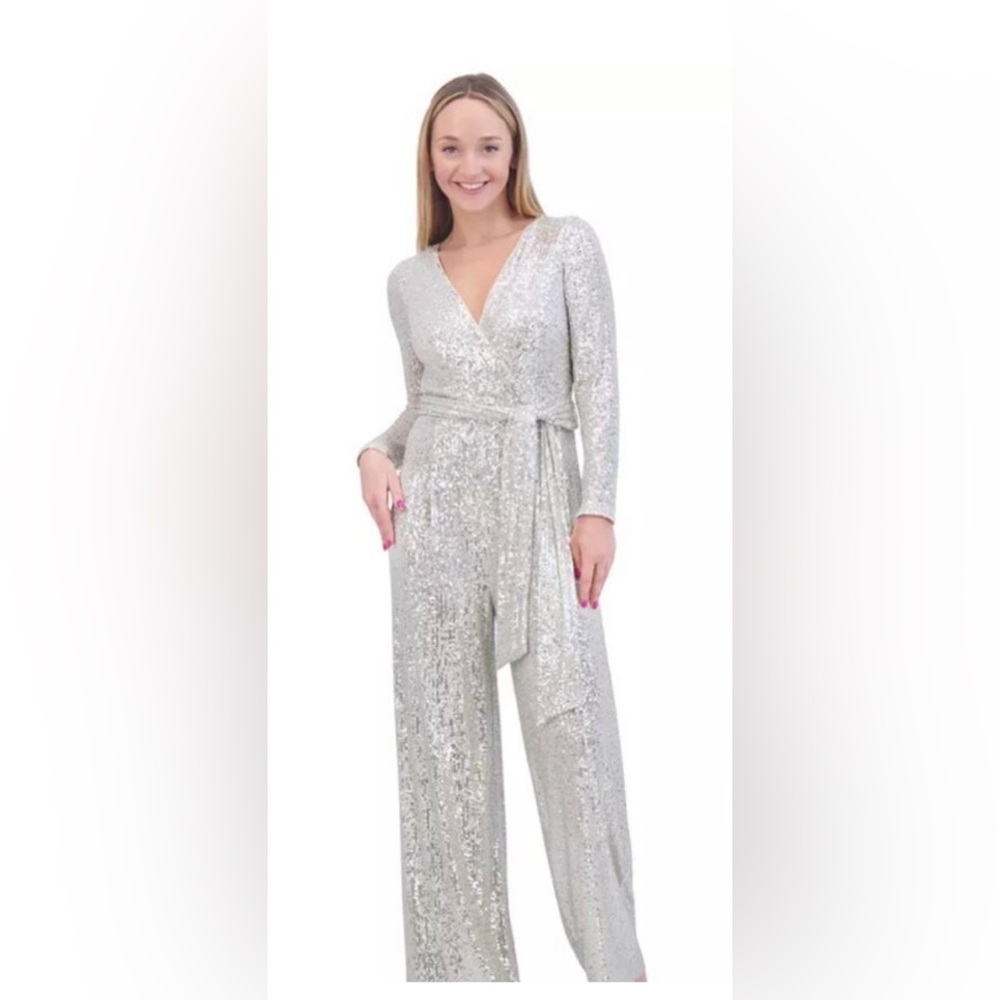 Eliza J Sequin Wrap Front Long Sleeve Jumpsuit